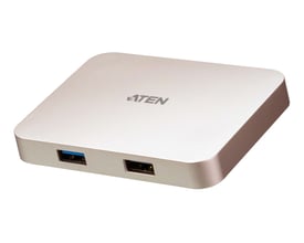 Aten USB-C 4K Ultra mini dock UH3235-AT i sølv, set skråt forfra med to USB-porte synlige.