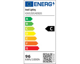 Energimærke for Ansell Lighting H-Cell LED strip, der viser energiklasse C på en skala fra A-G og angiver 96 kWh/1000h.