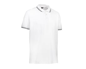 ID Identity stretch poloshirt i hvid med kontraststriber på kraven og ærmerne, størrelse S.