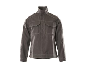 Mascot Visp jakke i mørk antracitgrå med hvide trenålssømme og dobbelte brystlommer, vist på hvid baggrund.