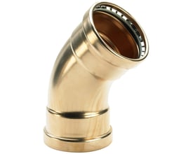 Viega Seapress presbøjning, 45 grader, 108 mm, fremstillet i messingfarvet CuNi10Fe1,6Mn-legering på hvid baggrund.