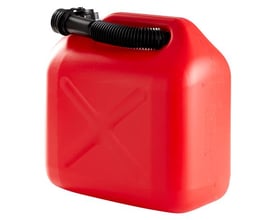 Rød benzindunk i kraftig plast med 10 liters kapacitet og sort fleksibel hældetud.