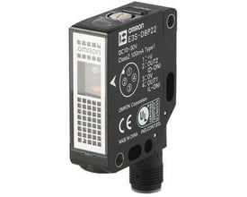 Omron E3S-DBP22 fotoelektrisk sensor med rød LED og M12 forbindelse, ideel til transparente objekter.