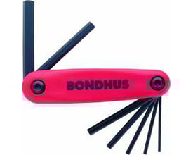 Bondhus HF7 stiftnøglesæt i knivmodel med 7 dele, fra 2-8 mm, har et rødt GorillaGrip kompositgreb og sorte metalnøgler.