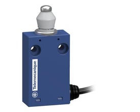 Telemecanique Sensors XCMH211AL1 endestopkontakt med blåt miniaturehus, sølvfarvet stempel og fast kabel.