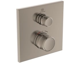 Ideal Standard Ceratherm NAVIGO indbygningsbrusearmatur Kit-2 i Silver Storm med to runde betjeningsgreb på en firkantet plade.
