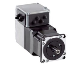 Schneider Electric servo integreret motor med 24..48 V, Modbus TCP og PCB connector på hvid baggrund.