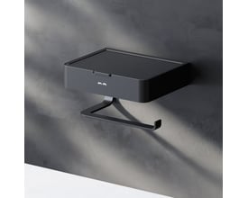 AM.PM Inspire V2.0 toiletpapirholder med boks i mat sort, monteret på en mørk, tekstureret væg.