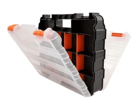 DeLock sorteringsboks i orange og sort med 34 rum, vist delvist åben med gennemsigtigt låg og kasse.