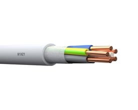 Gråt installationskabel N1XZ1-J 3G4 fra Waskönig+Walter med afskåret kappe og synlige farvede ledere.