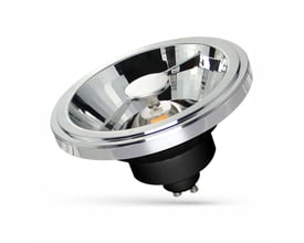 SpectrumLED AR111 GU10 LED-spot på 12 W med sort bagdel og sølvfarvet reflektor, set skråt forfra.