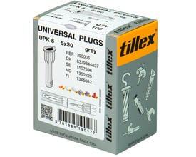 Grå kasse med Tillex Universal Plugs UPK5, 5x30 mm, 100 stk. Emballagen viser produktillustrationer og produktinformation.