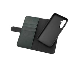 Åben Samsung A35 5G PU wallet i grøn, viser indvendige kreditkortlommer og den aftagelige sorte skal.