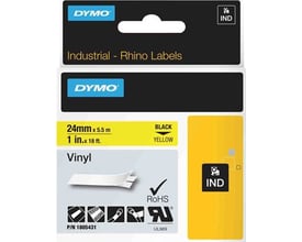 Emballagen til DYMO Rhino Professional vinyltape viser gul tape med sort tekst, 24 mm bred og 5,5 meter lang.