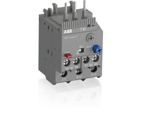 ABB T16 termorelæ med grå plastikhus, TRIP CLASS 10, stopknap og resetfunktion.