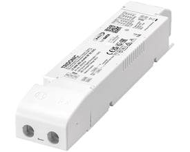 Tridonic LED driver med DALI-2 styring, 60W effekt og 48V udgangsspænding i hvidt plast på hvid baggrund.