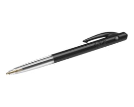 Sort Bic Clic kuglepen med trykmekanisme og gennemsigtig blæktank, isoleret på hvid baggrund.