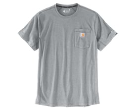 Grå Carhartt Force-lomme-T-shirt med rund hals, korte ærmer og brystlomme, størrelse XXL.