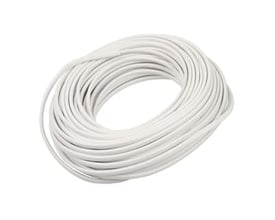 Hvid rund H03VV-F ledning på 25 meter med 2x0,75mm² tværsnit, fremstillet af fleksibel plast uden jordforbindelse.