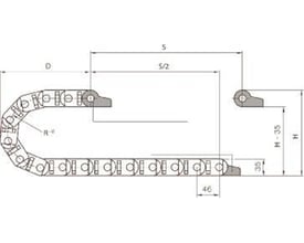 Detaljeret teknisk illustration af Igus kabelkæde type 2400, der viser dens horisontale anvendelse og specifikke mål for højde og bredde.