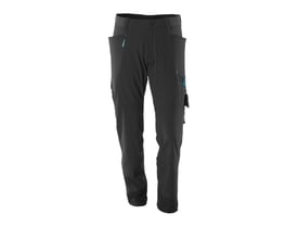 Mascot industribukser 17279 i sort stretchstof, størrelse 82/C46, med flere lommer og blå syninger.