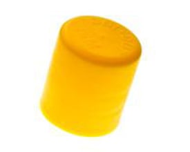 Gul cylinderisk plastprop fra DBI Plastics, model MA0483A-AA20A, set skråt med rund top og rillet side.