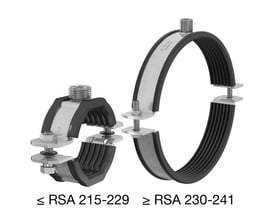 To forskellige Flamco RSA rørbøjler med G 1/2-M12 gevind og sort EPDM-gummibånd, vist på hvid baggrund med tekst der angiver anvendelsesområder.