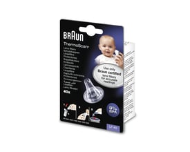 Braun ThermoScan linsefiltre pakke, vist fra siden, med flere sprog og produktinformation trykt på emballagen.