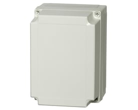 Fibox MNX kasse i grå ABS plast set fra siden, med fremhævet låg og skruedæksler på hjørnerne.