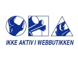 Logoer og tekst 'IKKE AKTIV I WEBBUTIKKEN' på blå og hvid baggrund, sandsynligvis relateret til produktets tilgængelighed eller brandmærkning.