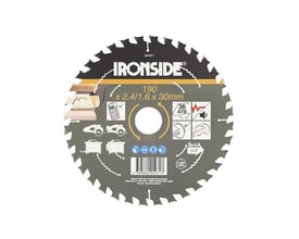 Ironside rundsavklinge på 190 mm til træ med søm og 36 tænder, set forfra med trykt mærkning på klingen.