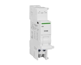 Detaljeret billede af Schneider Electric Acti9 udkoblingsspole iMX, der viser mærkning for spænding og specifikationer på siden af enheden.