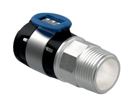 Fotografi af Geberit FlowFit overgang, 25mm x ½", med sort plasthuset og forniklet gevind, klar til montering.
