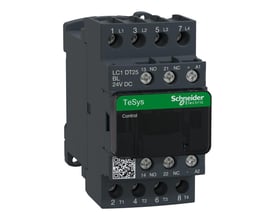 Schneider Electric TeSys D kontaktor LC1DT25BL med 24VDC spole, 4-polet, 25A, vist fra siden med tydelige terminaler og mærkning.