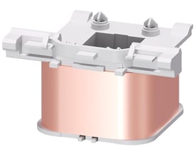 Siemens magnetspole 3RT2 S2 med 230V 60Hz spole i kobberfarve og hvidt plastmonteringsbeslag.