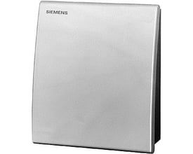 Siemens QFA2060 rumføler til fugt og temperatur med DC 0-10V output, vist fra siden på grå baggrund.