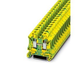 Nærbillede af Phoenix Contact UT jordklemme, der viser dens grøn/gule design og skruetilslutningsmekanisme på hvid baggrund.