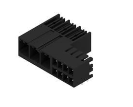 Sort Weidmüller-hybridstik til printmontering med tre poler og 90° udgang, set skråt ovenfra.