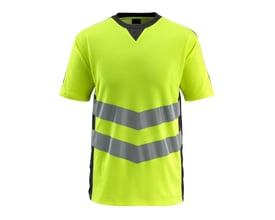 Mascot Sandwell Hi-Vis T-shirt i gul og sort med skrå reflekser og rund hals, størrelse 3XL.