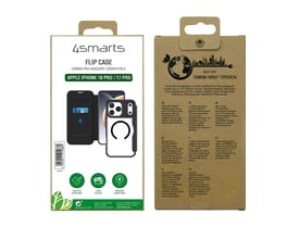 Emballagen viser det sorte 4smarts Urban Pro-flipcase til Apple iPhone 18 Pro og 17 Pro samt et billede af etuiet.