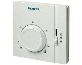 Siemens RAA41 elektromekanisk rumtermostat med drejeknap til temperaturindstilling og vælger til varme, sluk og køling.