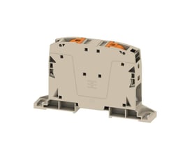 Detaljeret billede af Weidmüller Push IN 2-POL terminalblok i beige, viser den ensidige push-in-tilslutning med orange spærre.