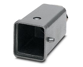 Bagfra af Phoenix Contact stikhus i gråt aluminium, viser den firkantede åbning til montering.