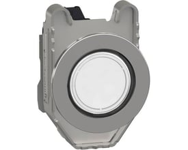 Schneider Electric signallampe flush XB4F med hvid LED lys og metalfront på isoleret baggrund.