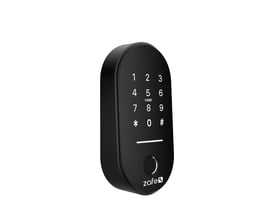 Sort Zafe Reader BLE trådløst kodetastatur med app-styring, vist skråt forfra med talfelter, kortmarkering og rund knap.