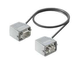 Weidmüller-kabel til transmission af elektrisk energi med gråt kabel og to rektangulære stikender med metalhuse.