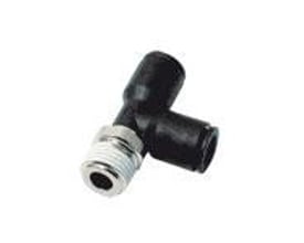 Parker T-stykke 6 mm R1/4 3103 med udvendigt BSPT gevind, fremstillet af sort teknisk polymer.