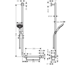 Teknisk tegning af Hansgrohe håndbruserarrangement med alle mål og dimensioner angivet, viser systemets opbygning.