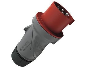 Mennekes PowerTOP Xtra R CEE-stikprop, 16 A og 4-polet, med rød og grå krop set skråt.