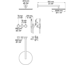 Teknisk tegning af Vola indbygningstermostat med mål på hovedbruser, arm og håndbruser samt monteringsdetaljer.